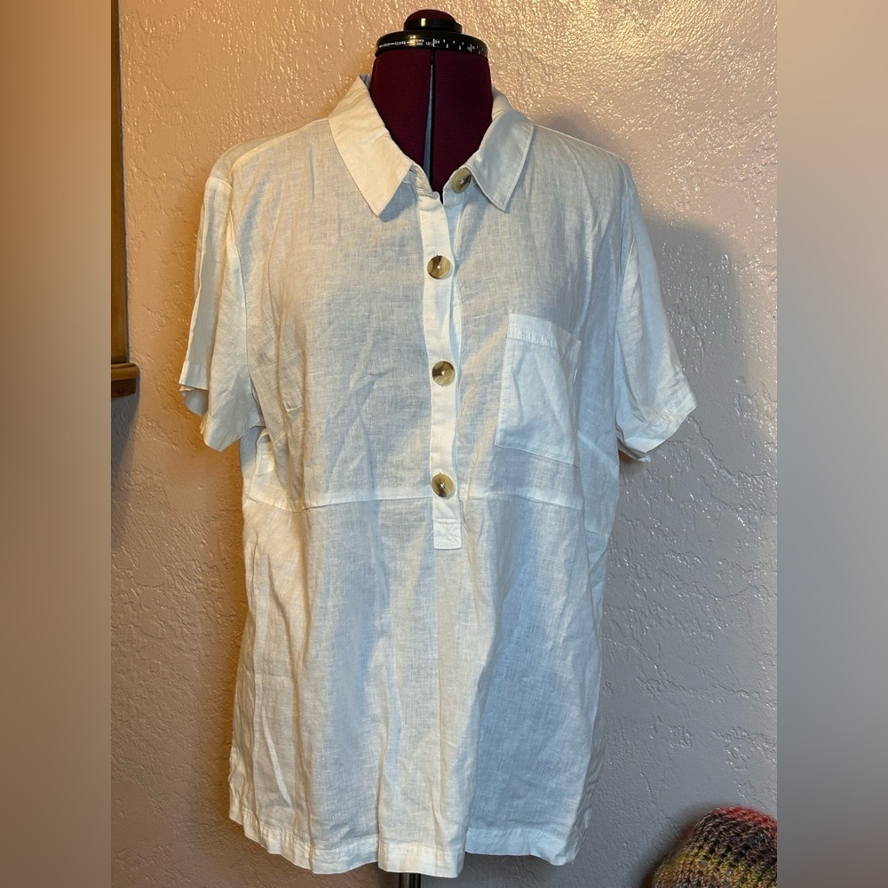 Christopher & Banks Cream Linen Blend Casual Button Down Shirt